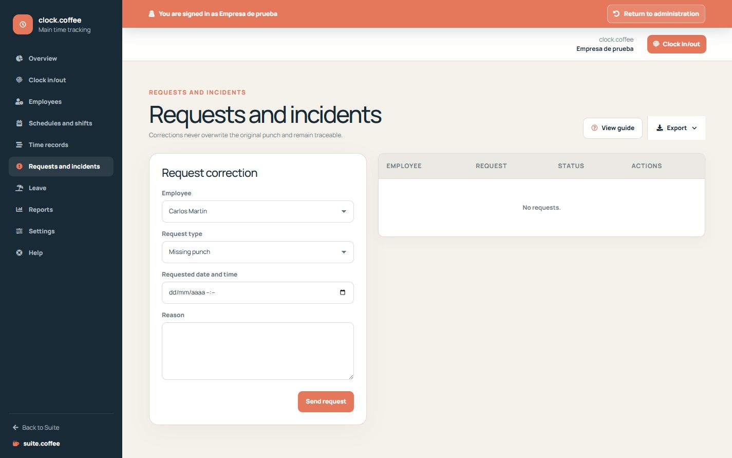 Clock adjustment requests with employee, type, requested time and review state.