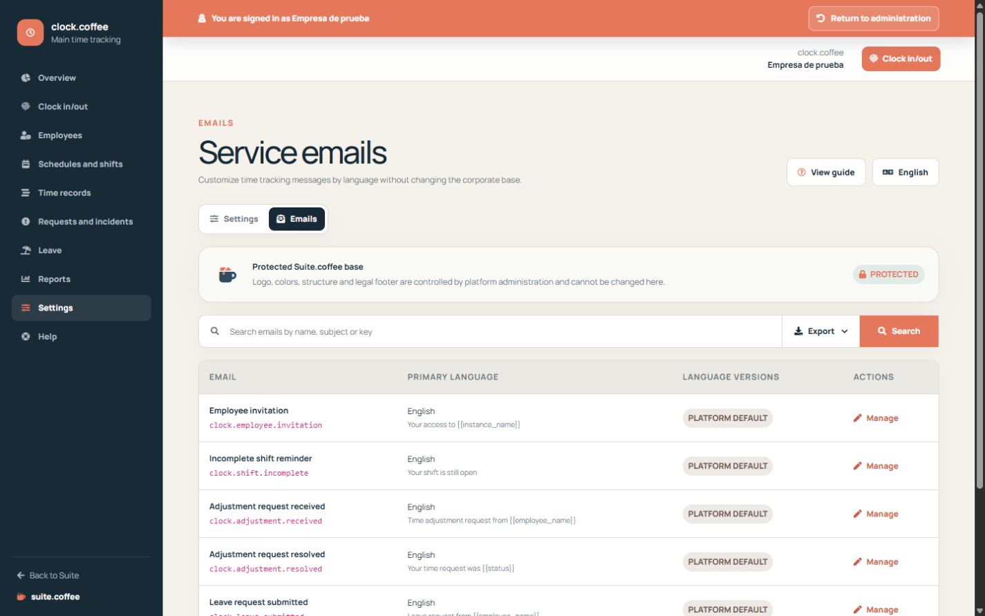 Clock email-template list with primary language and customisation status.
