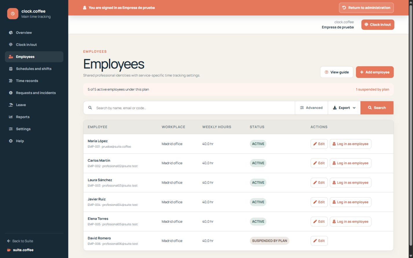 Clock employee list with code, workplace, weekly hours and access status.