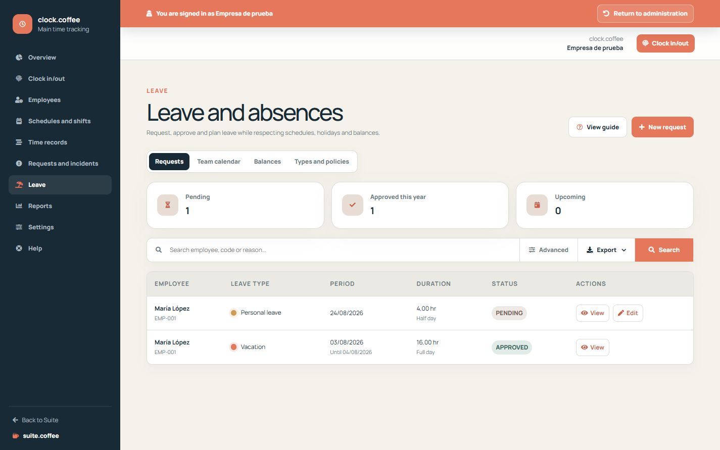 Clock leave requests with dates, duration, employee and approval status.