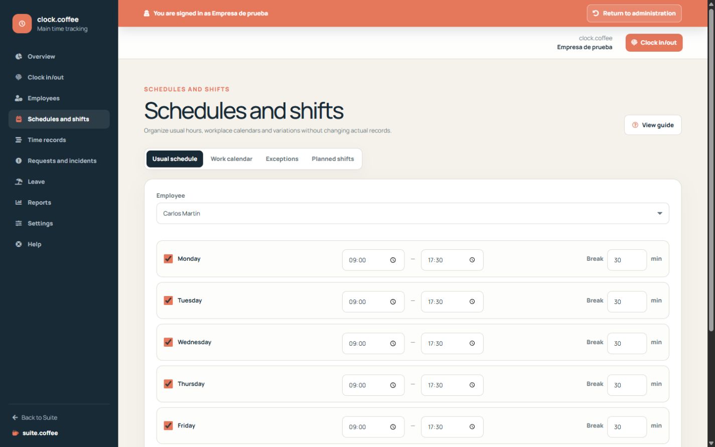 Clock schedules page with usual hours, calendars, exceptions and shifts.