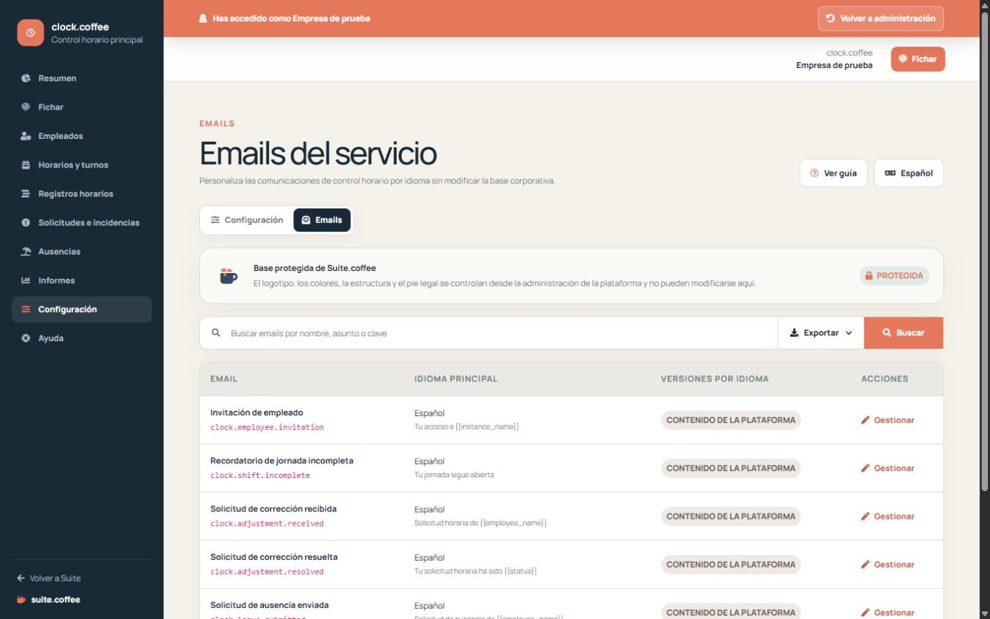 Listado de emails de Clock con idioma principal y personalización.