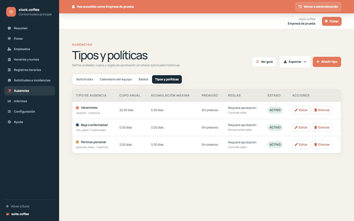 Políticas de ausencia de Clock con cupo, aprobación, saldo y estado.