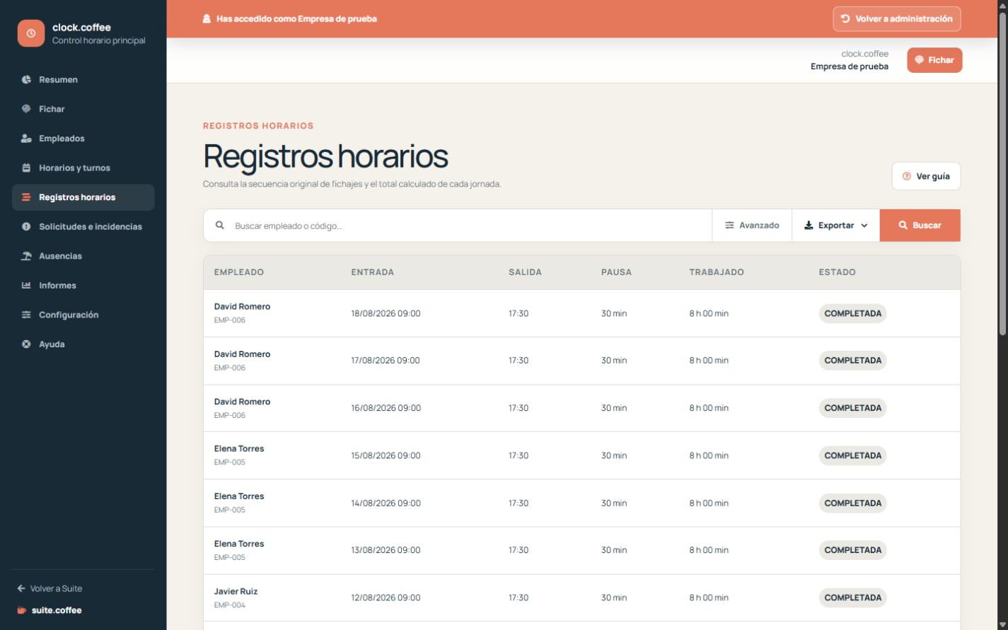 Registros de Clock con filtros, tiempo trabajado, incidencias y eventos.