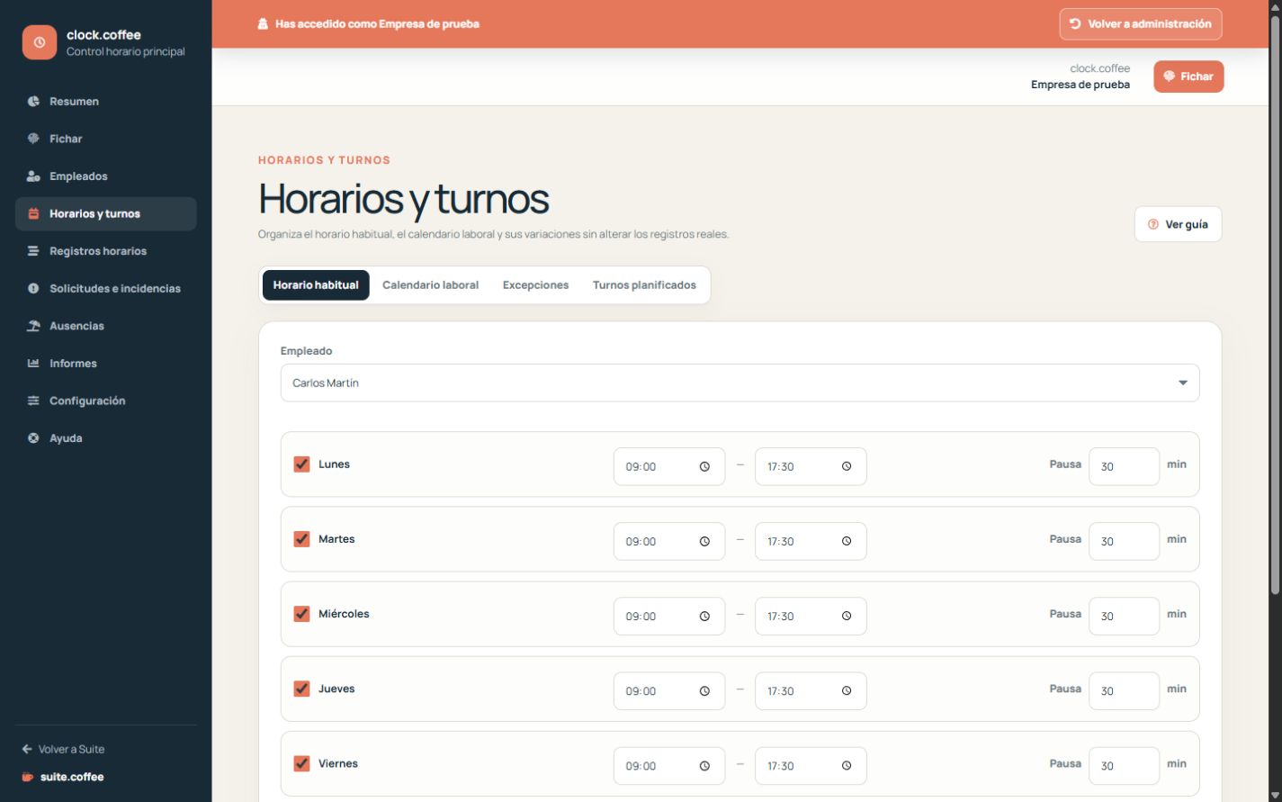 Horarios de Clock con semana habitual, calendarios, excepciones y turnos.