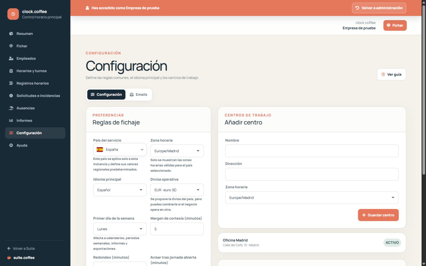 Configuración de Clock con valores regionales y reglas comunes de fichaje.